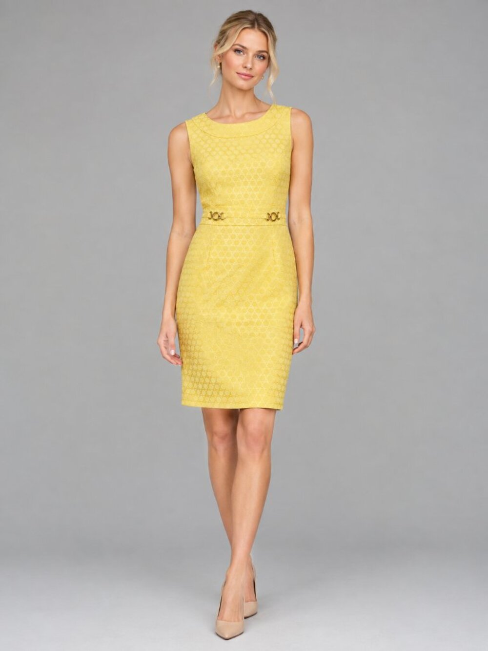 TAHARI Arthur S. Levine Petite Jacquard Ring Cinch Sheath Dress Yellow 8P #A4597
